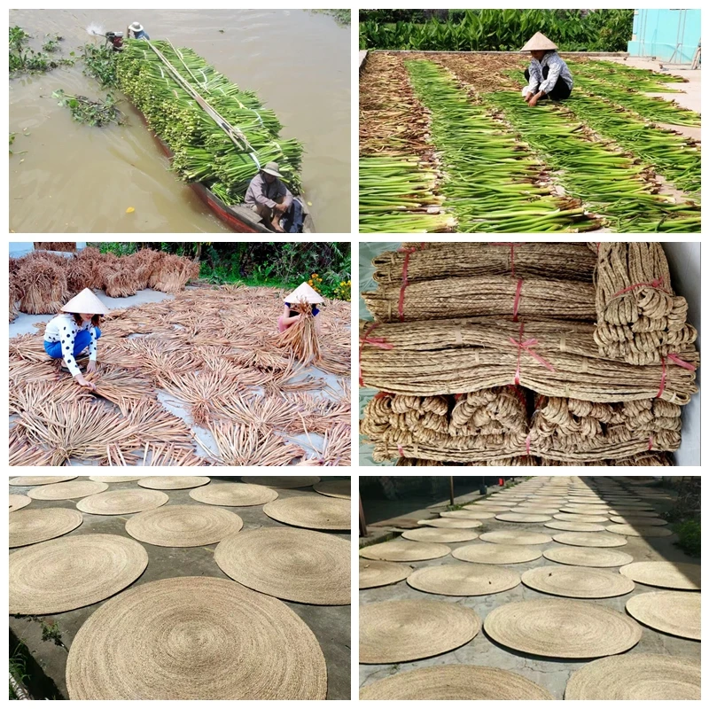 Round natural water hyacinth fiber braided ins style straw floor mats rug carpet