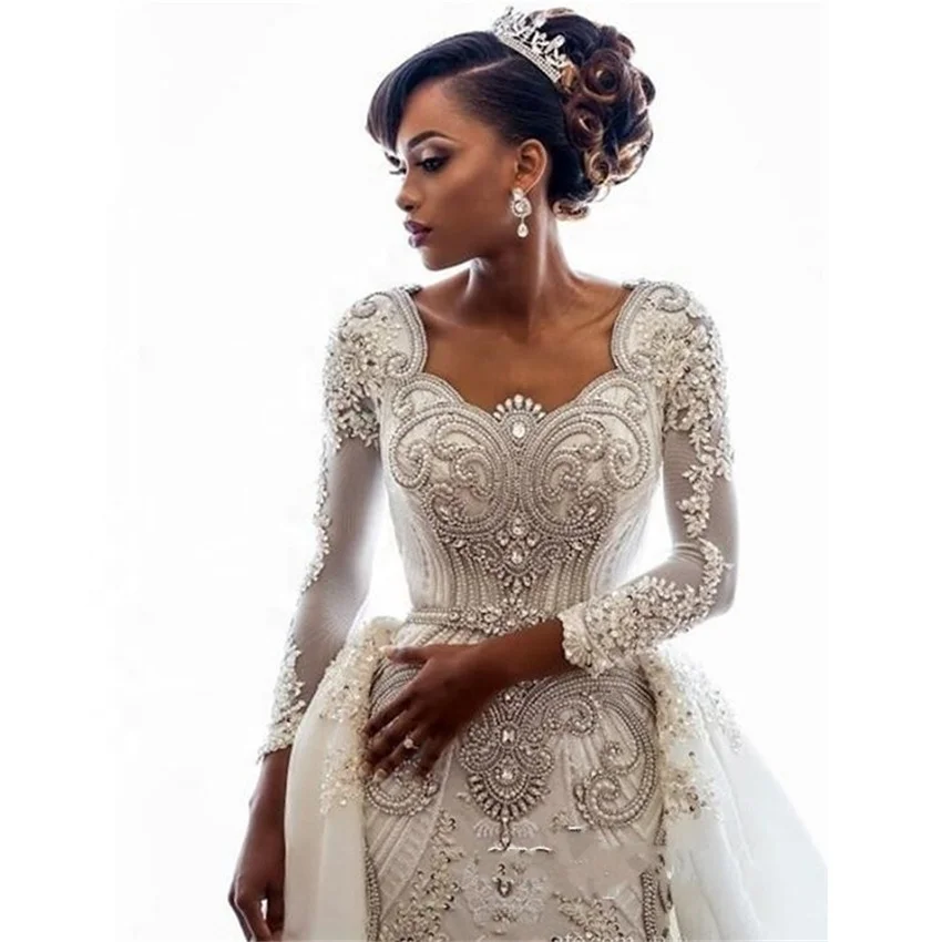 Luxury Handmade Beading Wedding Dress African Long Sleeve Bridal Gown With Detachable Train