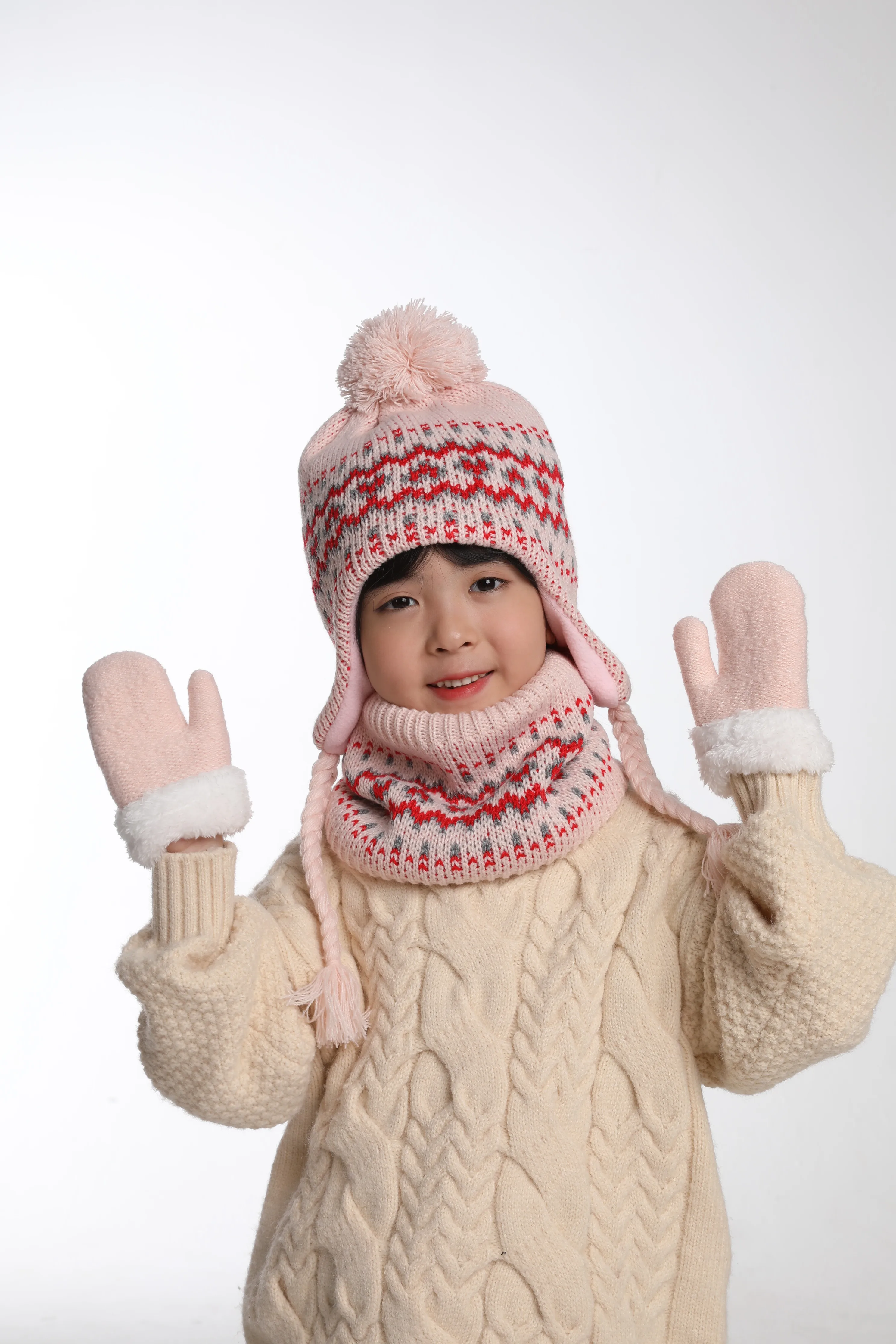 New Arrival  Kids Cute Warm Knitted Hat With Earflap Mittens and Scarf  Sets for Boys Girls