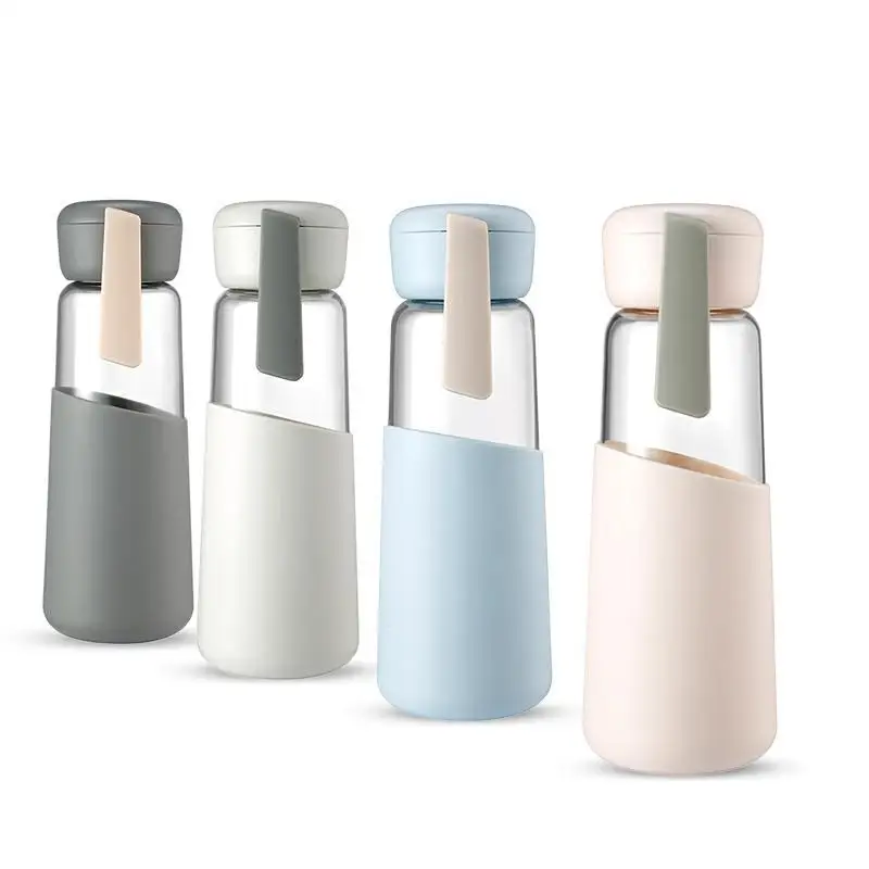 Seaygift Eco Friendly Non-Toxic Glass Water Bottle With Silicone Sleeve Rope Slim Cute Shape For Travel Gym Home Office