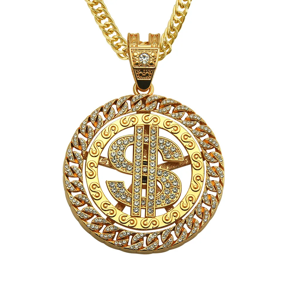 Silver Gold Plated Iced Out Hip Hop Twist Link Chain Necklace Dollar Money Shape HipHop Rapper Necklace Jewelry