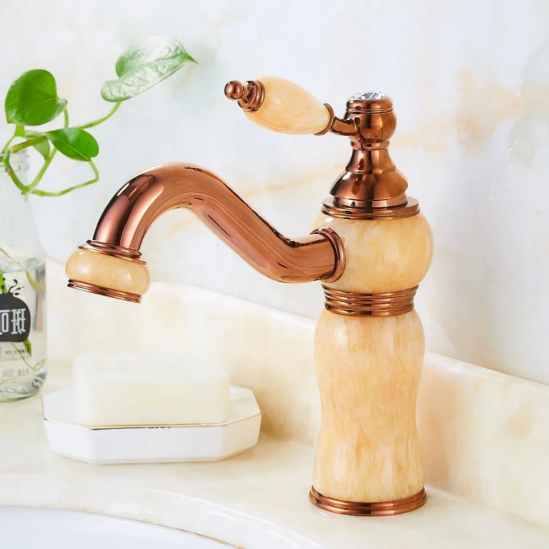 brass body gold plated bathroom basin mixer dark green jade wash basin tap