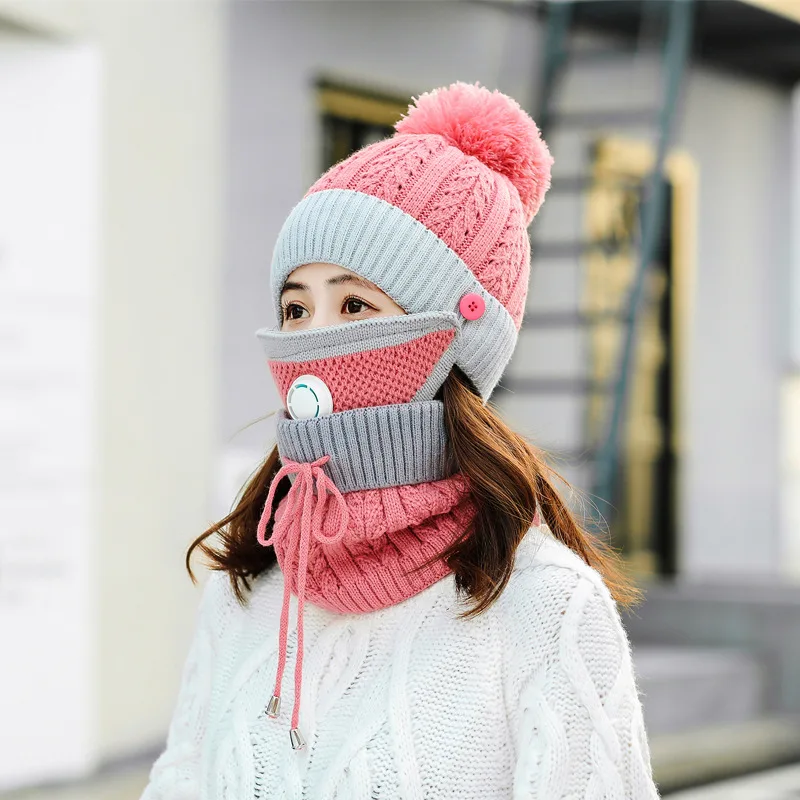 Оптовая продажа женская вязаная теплая Лыжная зимняя надувная акриловая шапка утепленные меховые шарики с помпоном шарф воротник наборы шляп