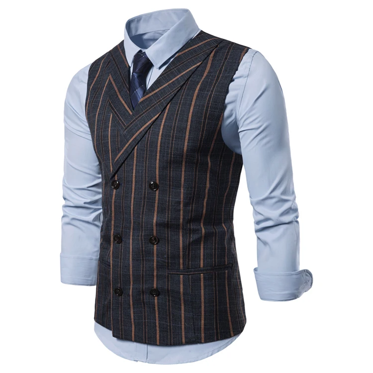 Smart Casual Striped Gilet Vest Formal Men Waistcoat Double Breasted Cotton