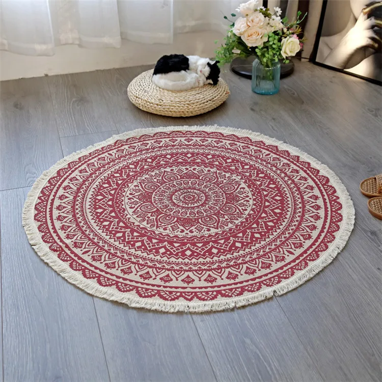 Bohemian Mandala Round Carpet Living Room Bedroom Cotton Line Round Rug Carpet 90x90cm Area Rug Retro Floor Carpet