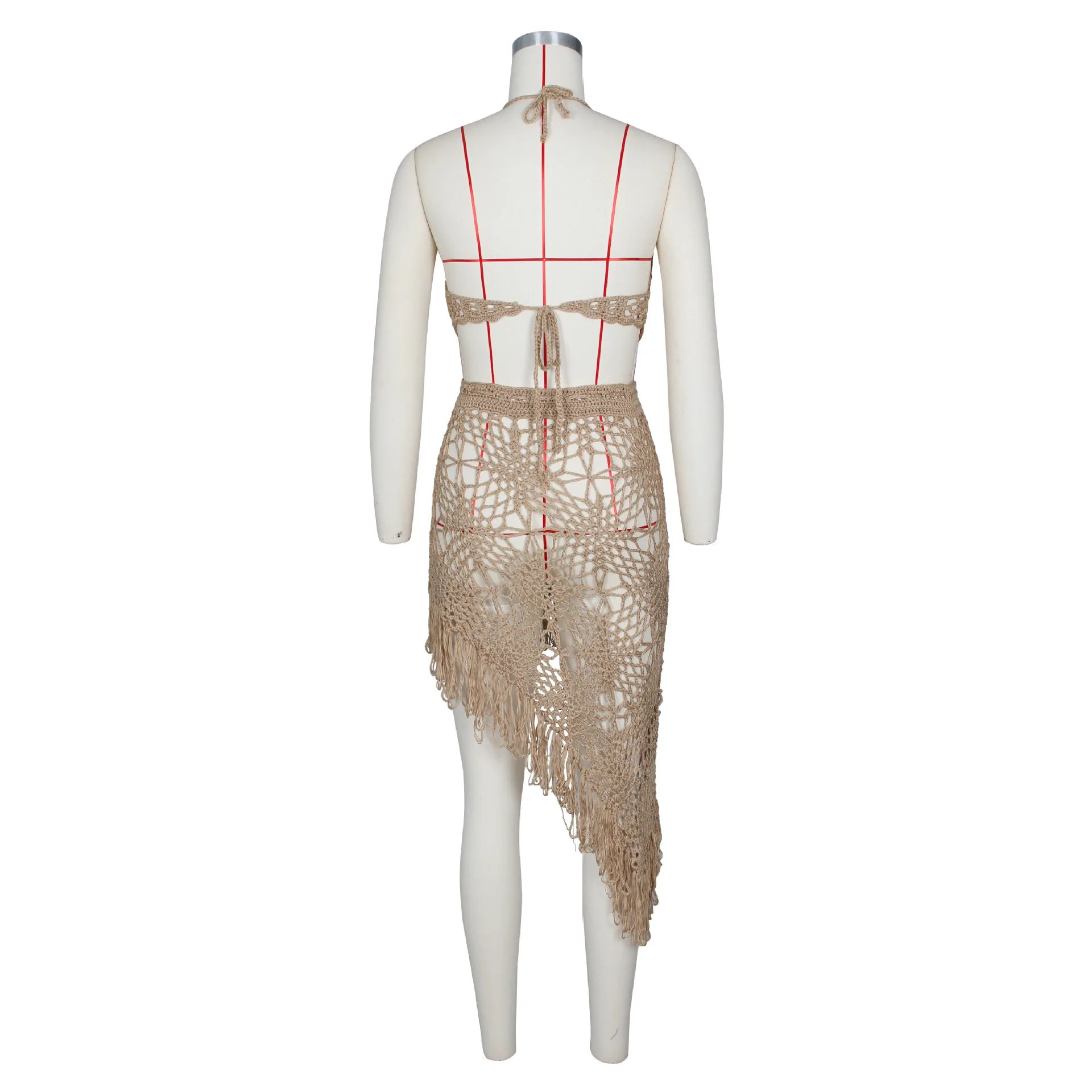 3pcs Bikini Set Woman Crochet Shell Tassel Bikini Top and Seashell Ankle Chain Sexy Beach Skirt Lace See Through Slim Mini Skirt