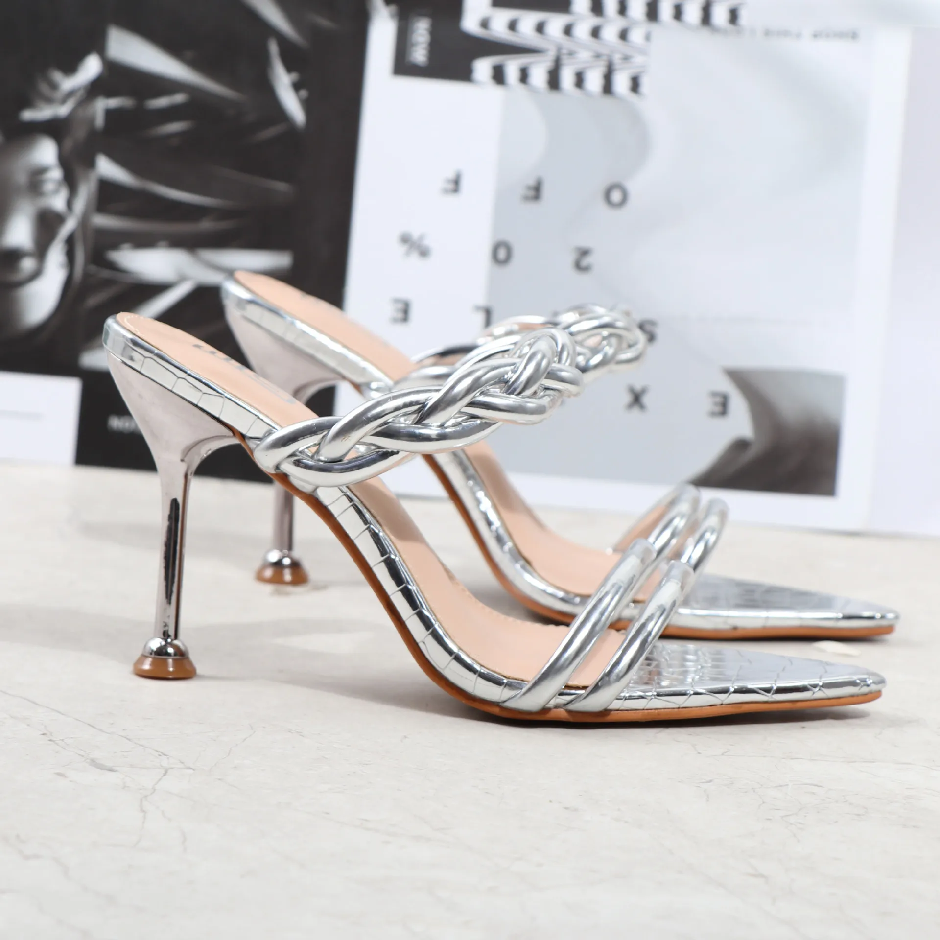 MS Fashion Sexy Open toe Thin Heels Shoes Twinkled Sandals Pointed Toe High Heeled