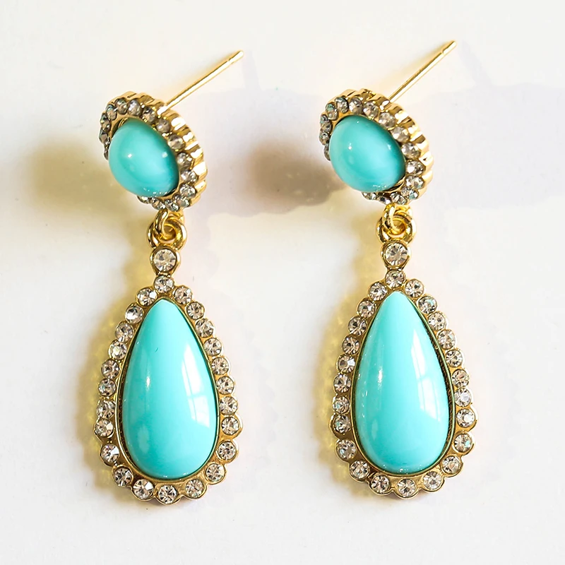 
 Модные Позолоченные голубые бирюзовые серьги-капельки 18K с фианитами, серьги с имитацией турецкого сапфира  