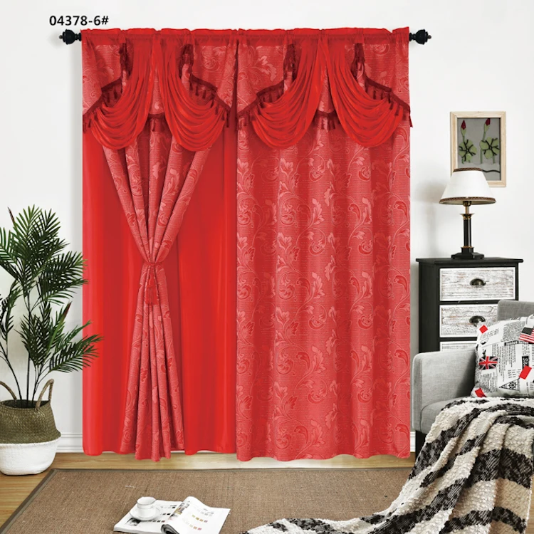 
Grey Fancy Jacquard Curtain with Attached Valance and Tassels Decoration on the Top for Living Room or Cafe 