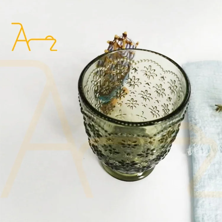 Factory direct wedding stemless drinking glass cups creative embossed tumbler water juice glasses colored vintage glassware