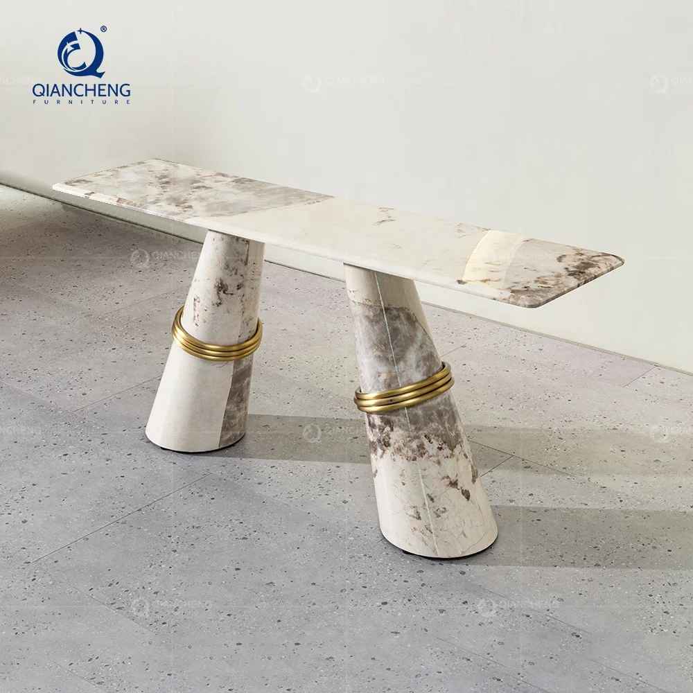 QIANCHENG foshan factory hallway decor living room real marble stone french country living room mirrored console table