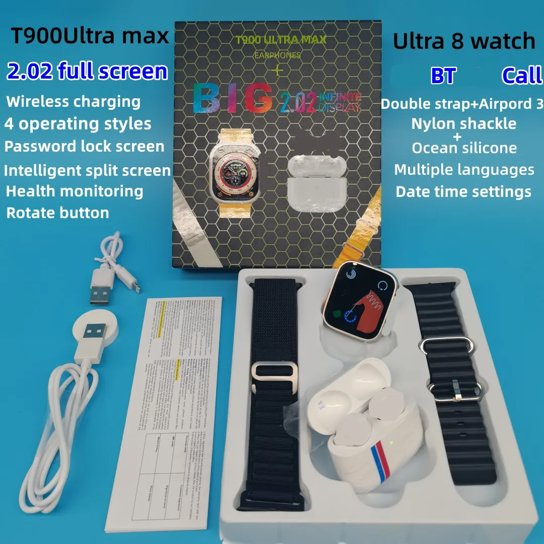 T900 Ultra Max fashion smart watch with earphonE 2in1 Touch screen Fitness tracker Sport Heart rate appl smart watch