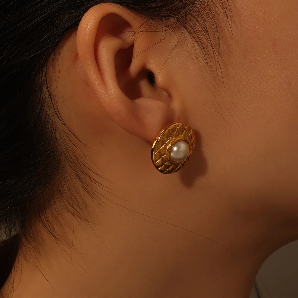 Mingxi Jewelry Fashion Waterproof Stainless Steel 18k Gold Plated Round Pearl Rhombus Inlaid Pearl Earrings