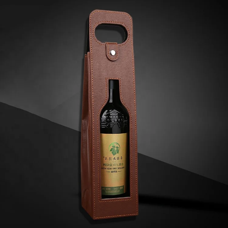 factory wholesale custom high quality PU leather wine bottle bag Hot sale single bottle pack leather wine bag with window