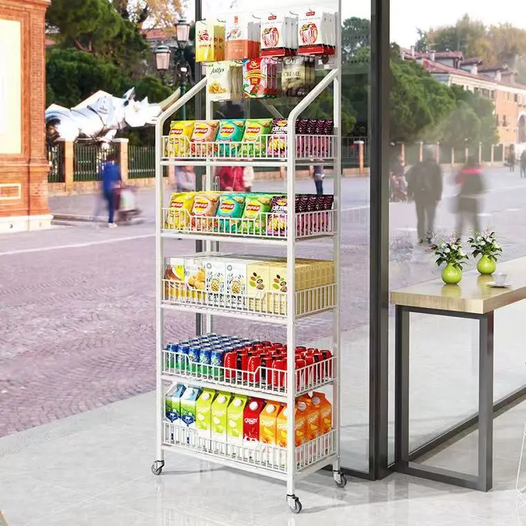 Convenient Store Supermarket Snack Shelf Storage Rack Metal Multi-layer Display for Drinks Food Toys Cashier-Movable Rack