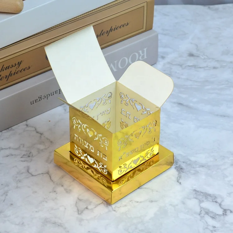 Jewish tefillin shape custom hebrew design laser cut bar mitzvah favors gift box