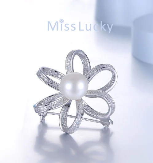 Miss Lucky925 sterling silver flower pearl brooch elegant and chic