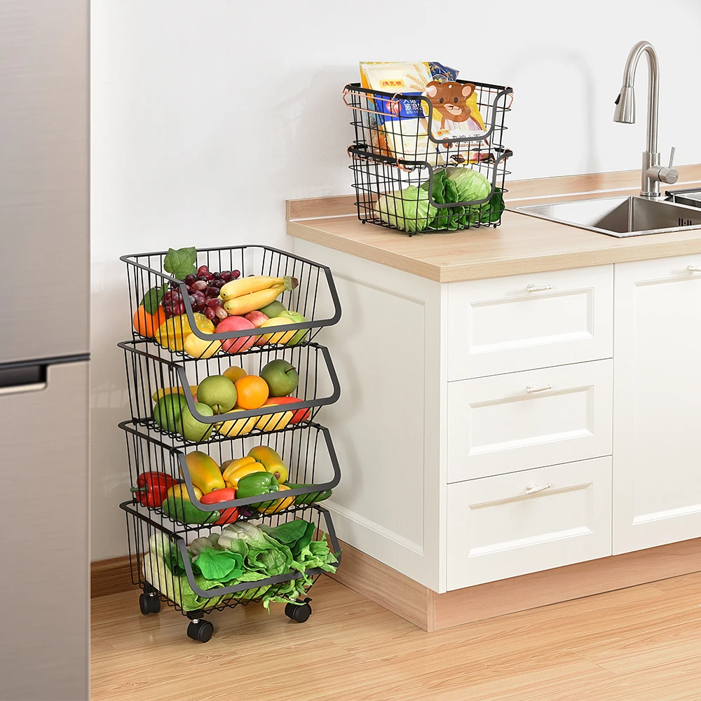 2 Tier Fruit Basket Kitchen Vegetable Black Metal Wire Storage Baskets with Universal Wheel Balance Feet