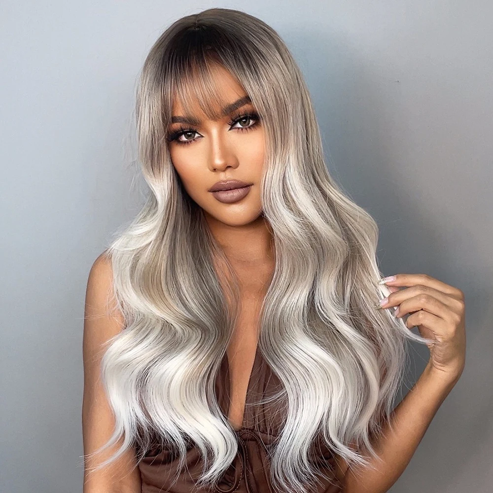 Ainizi 24' Body Wavy Synthetic Wig Brown Ash White Wigs with Bangs for Women Party and Dating