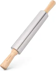 Stainless Steel Rolling Pin Non Stick Metal Roller with Wood Handles for Baking Cooking Cookies Biscuits Pizzas