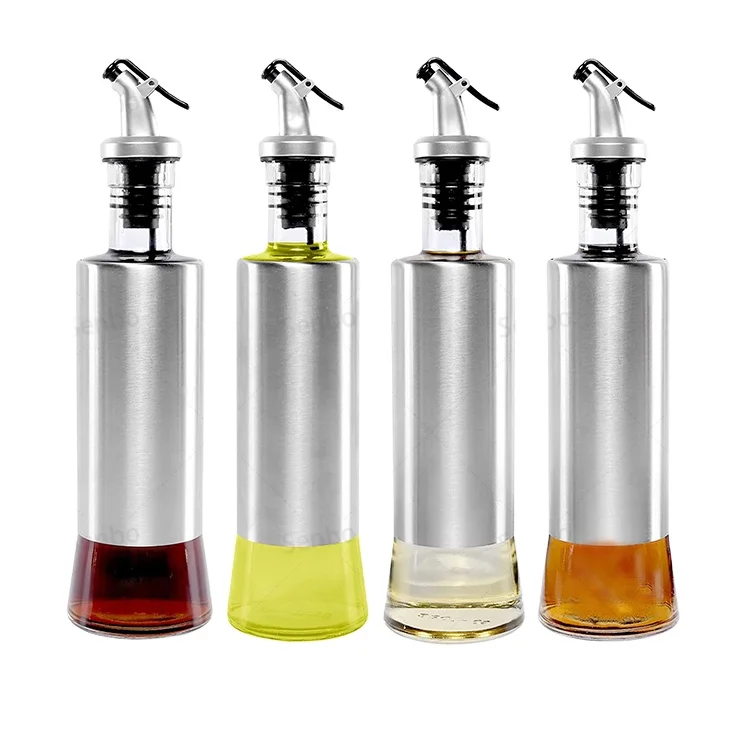 Wholesale BBQ Glass Oil Bottle Stainless Steel Nested Glass Olive Oil Vinegar Bottle Dispenser Set  200ml 300ml 500ml