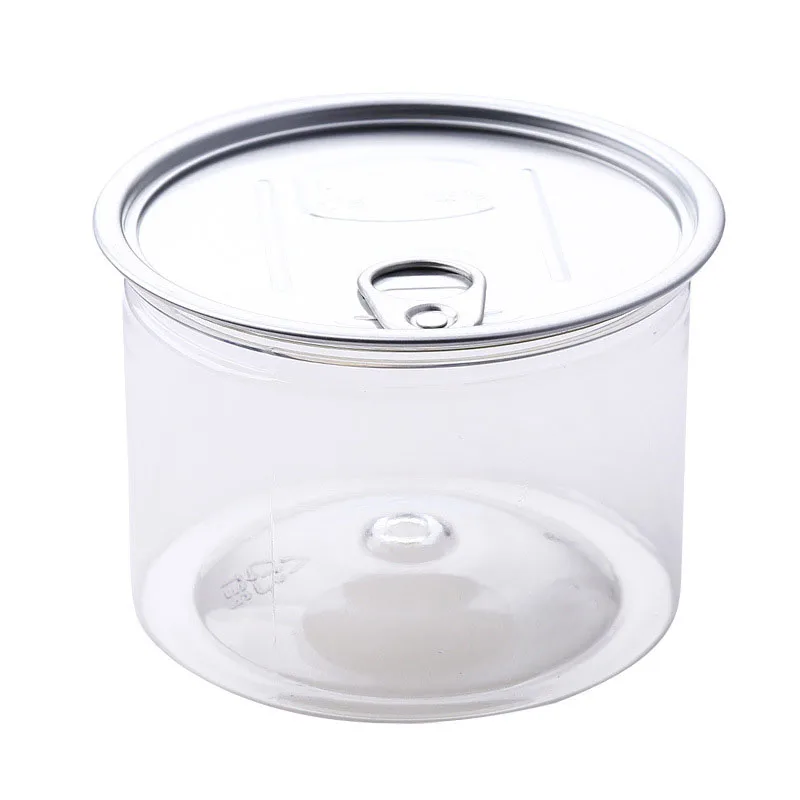 Round plastic pet easy open can Transparent food grade jar with sliver aluminum cap