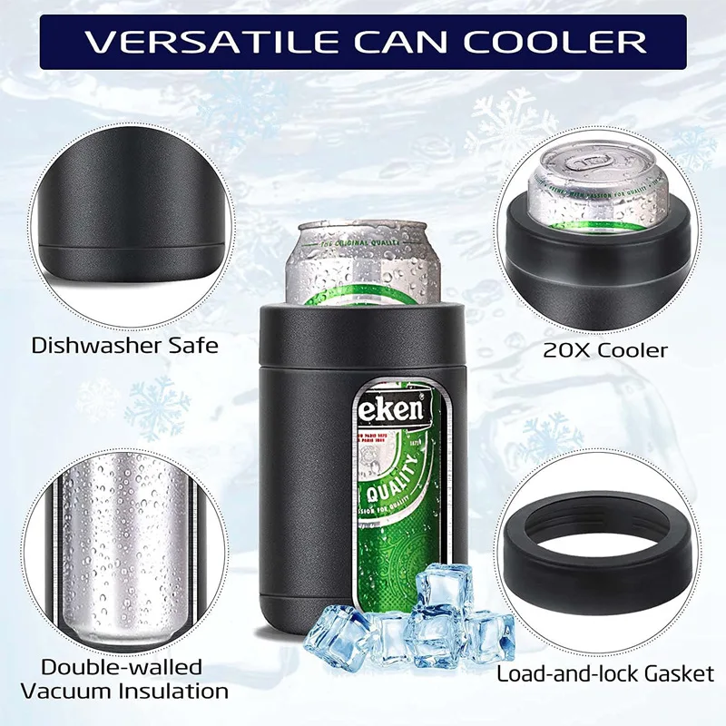 3 in 1 Can and Beer Bottle Double Wall Stainless Steel Insulated wine Can Cooler with Beer Opener 12oz Black