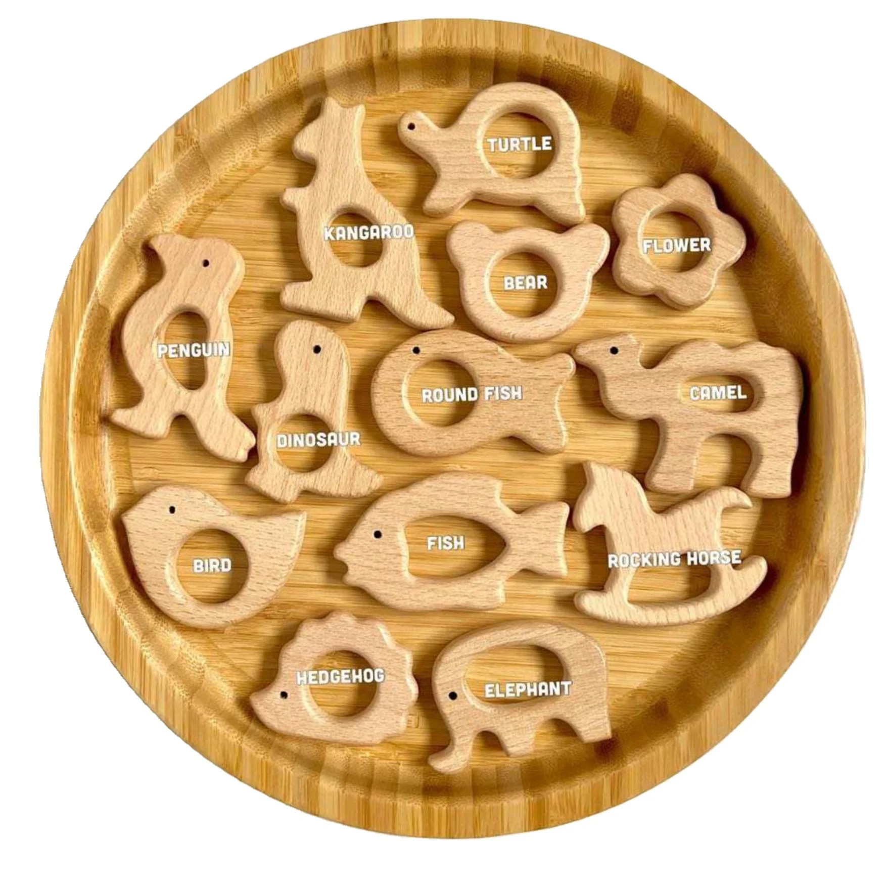 Wholesales Natural Beech Wooden Teether Animal shape Baby Teething Pain Relief for Babies DIY wooden Toy teether