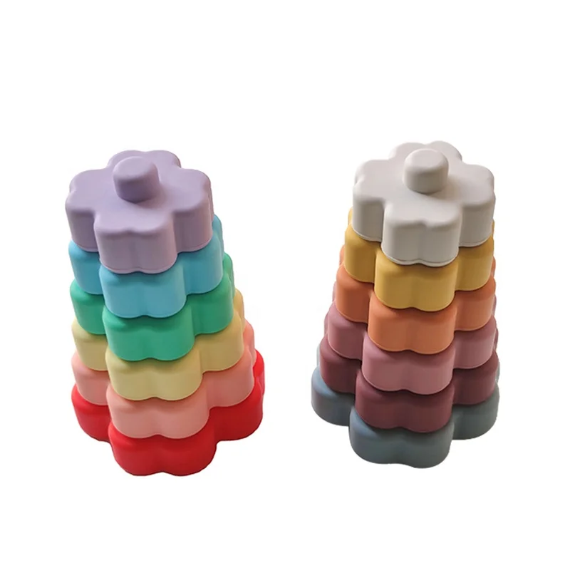 Organic soft baby educational toy custom building block baby sensory gift teething teether silicone stacking toy