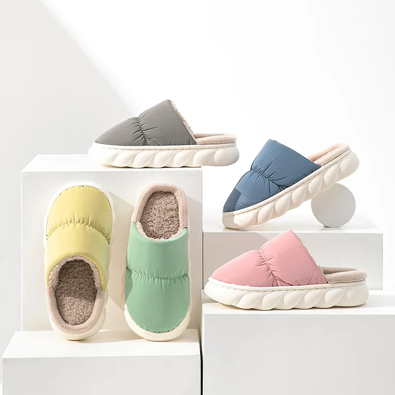 Autumn and winter solid color rainproof cloth thick sole down slippers anti-slip cotton slippers