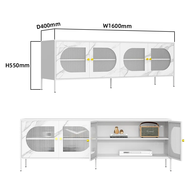 Steel TV Stand Living Room TV Cabinet Printed Metal Cupboard Sideboard Cabinet with Adjustable Shelf and 4 Door