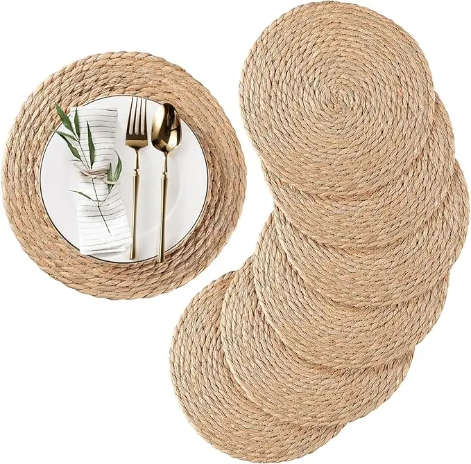 Round Woven Placemats Natural Water Hyacinth Place mats 2 inch Rattan Placemats Farmhouse Boho Braided Heat Table Place Mats