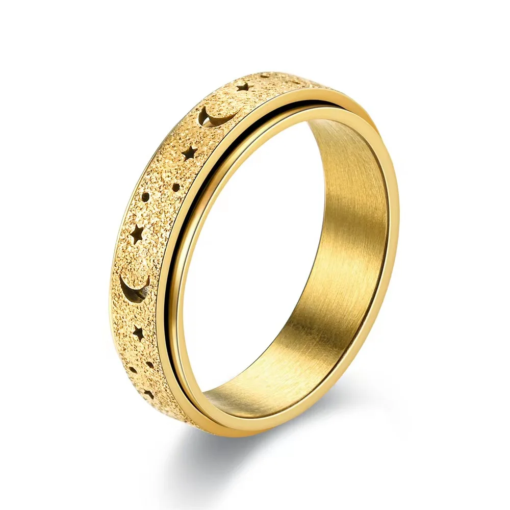 Stainless Steel Spinner Anxiety Ring Hollow Star Moon Rotatable Frosted Fidget Rings For Men And Women