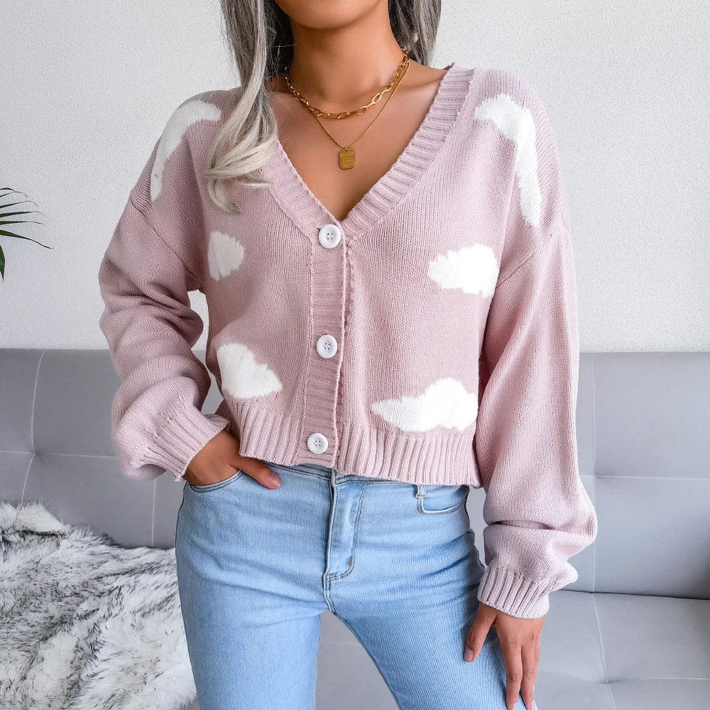 Custom Logo New Style Women Cardigan Sweater Cloud Pattern Knitted Cardigan Casual Autumn Clothing For Women