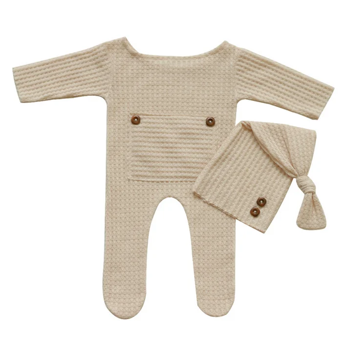 S8607 Photography Props Newborn Jumpsuit Photo Shoot Bodysuit Outfits Infant Soft Knit Clothes Baby Romper with Hat