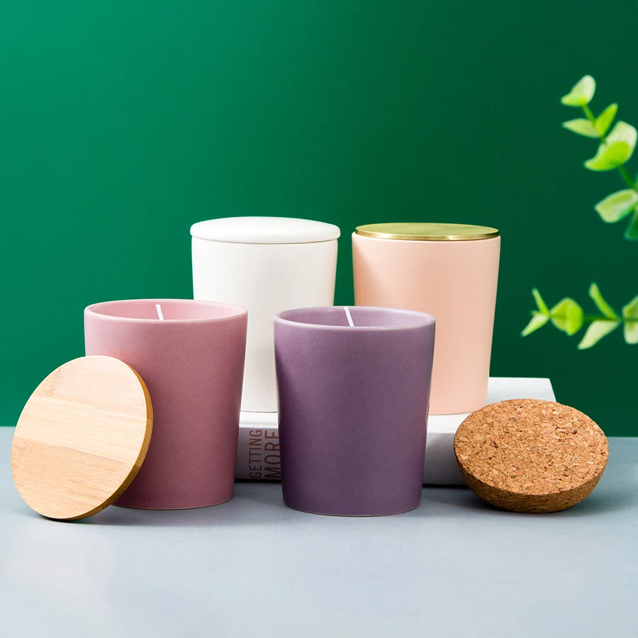 10 oz porcelain candle container scented pink ceramic candle vessels luxury round matte ceramic candle jars with wooden lids