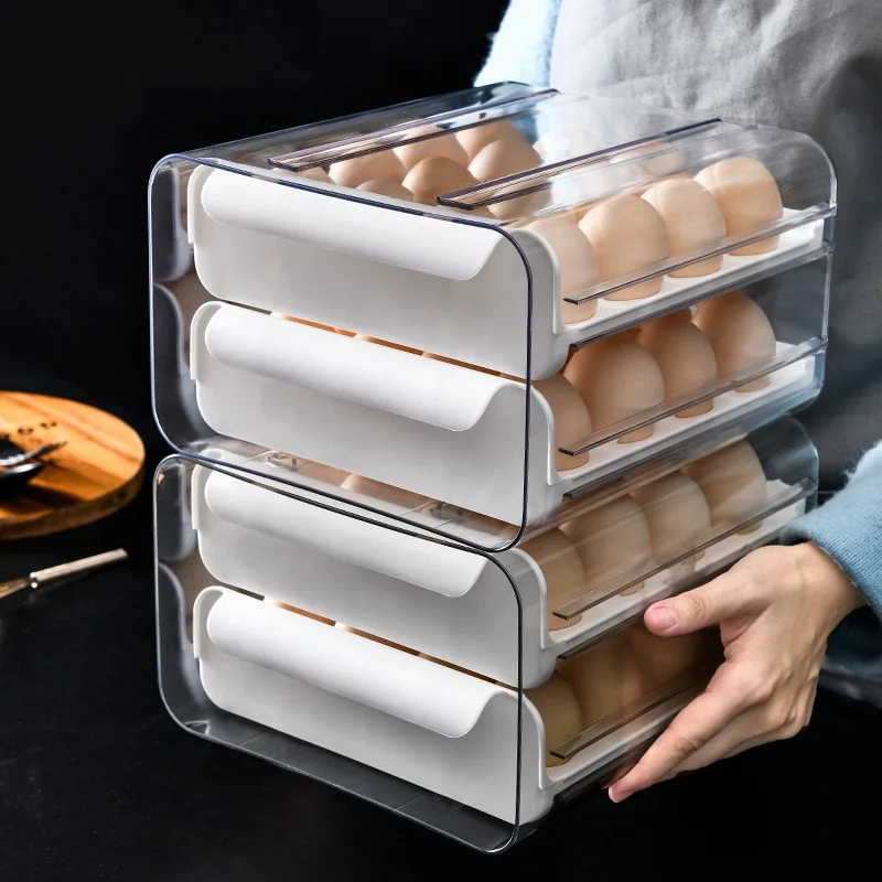 House Kitchen Fridge Organizer Drawer Egg Plastic Storage Box 32 Grid 2-Layer Egg Container Trays