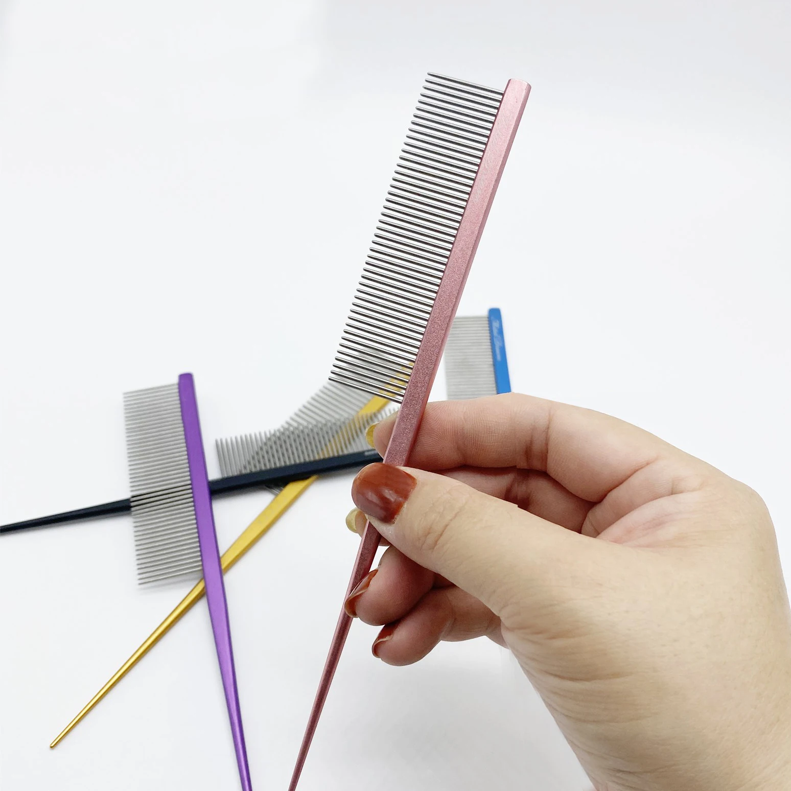 Pet Lice Collecting Red And Black Metal Stainless Steel Rat Tail Comb Grooming Battery Kids With 5 Tails