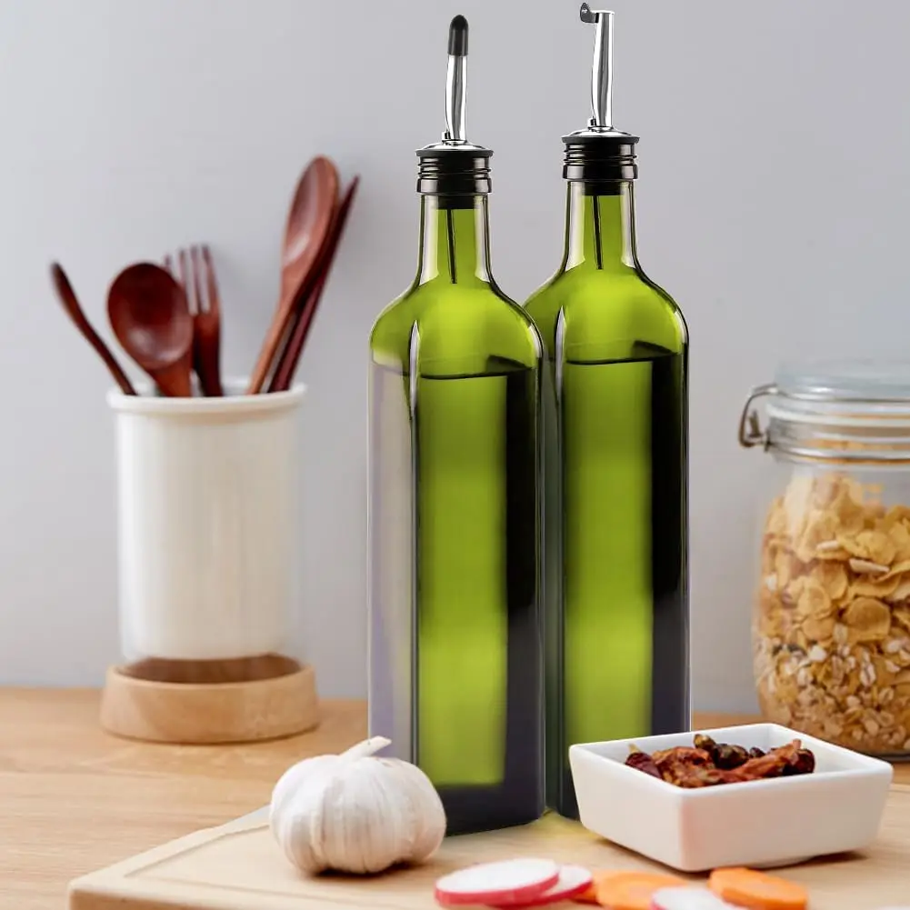 YOLOWE HOME 17 oz/500 ml Green Glass Cruet Bottle Square Tall Cover Storage Jar with Cute Design Oil and Vinegar Dispenser
