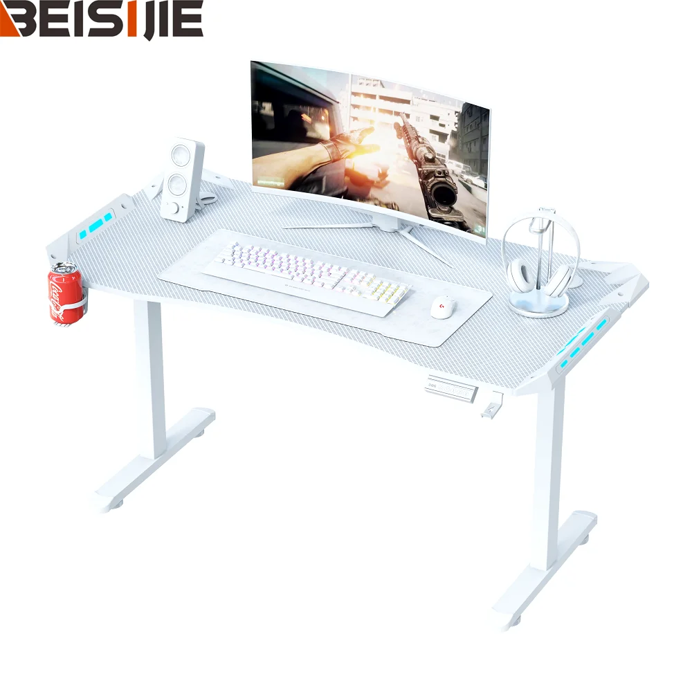 Beisijie Best Selling White Color Gamer Table For PC Computer Height Adjustable Desk RGB Cupholder Game Table