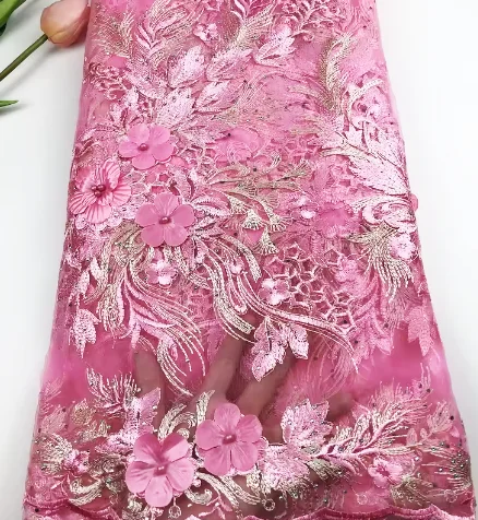 2024 New Design and  Hot sales nigerian 3D lace applique embroidery french pink african lace fabrics