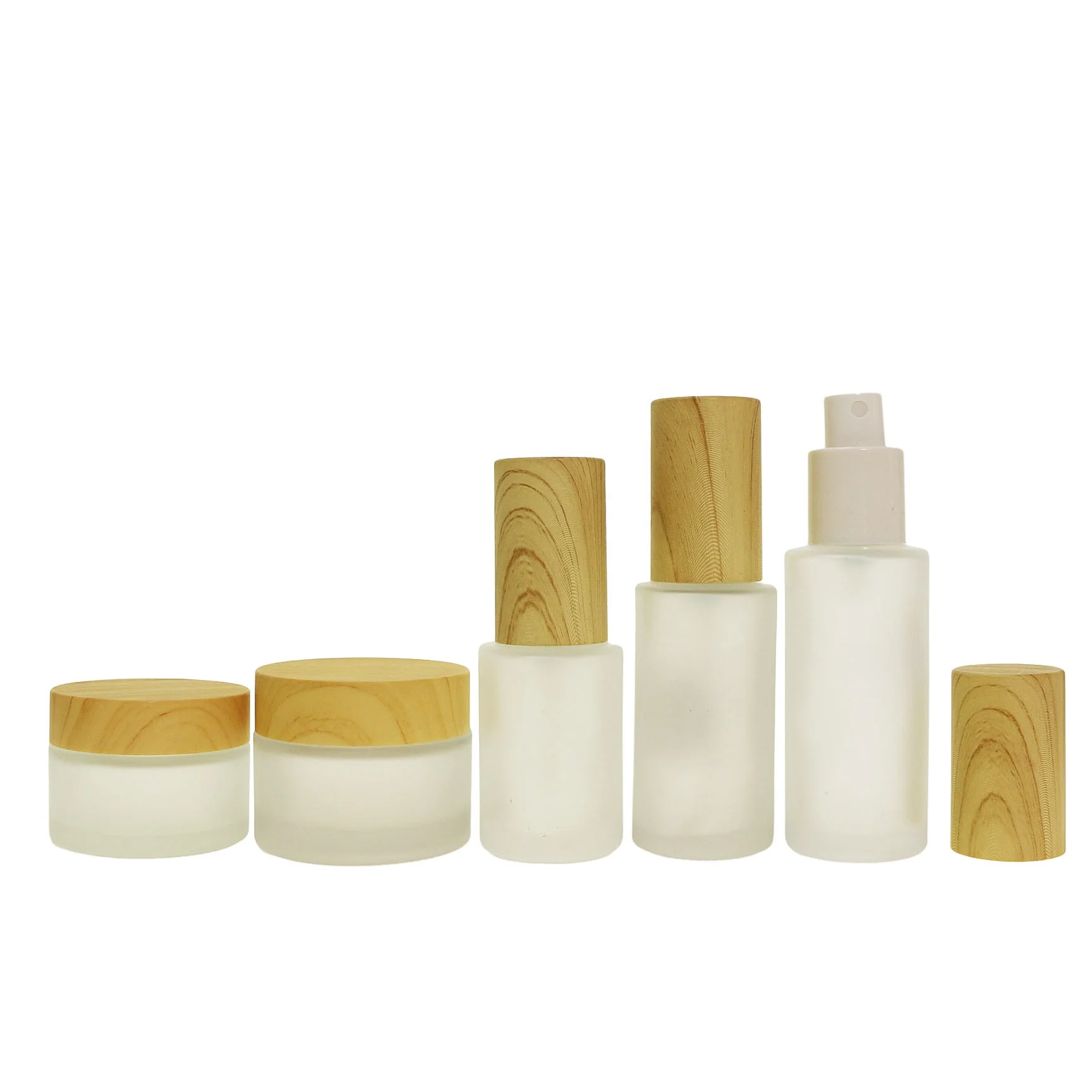 Skincare cosmetic frosted glass bottle with pump lotion cream jar with plastic bamboo lid LS-10Q