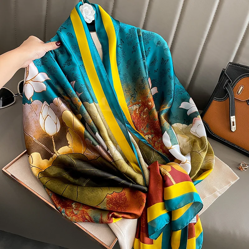 2023 Hot Sell New Fashion Floral Printed Silk Head Scarf Shawl Muslim Women Elegant Flower Print Silk Scarves Soft Long Hijabs