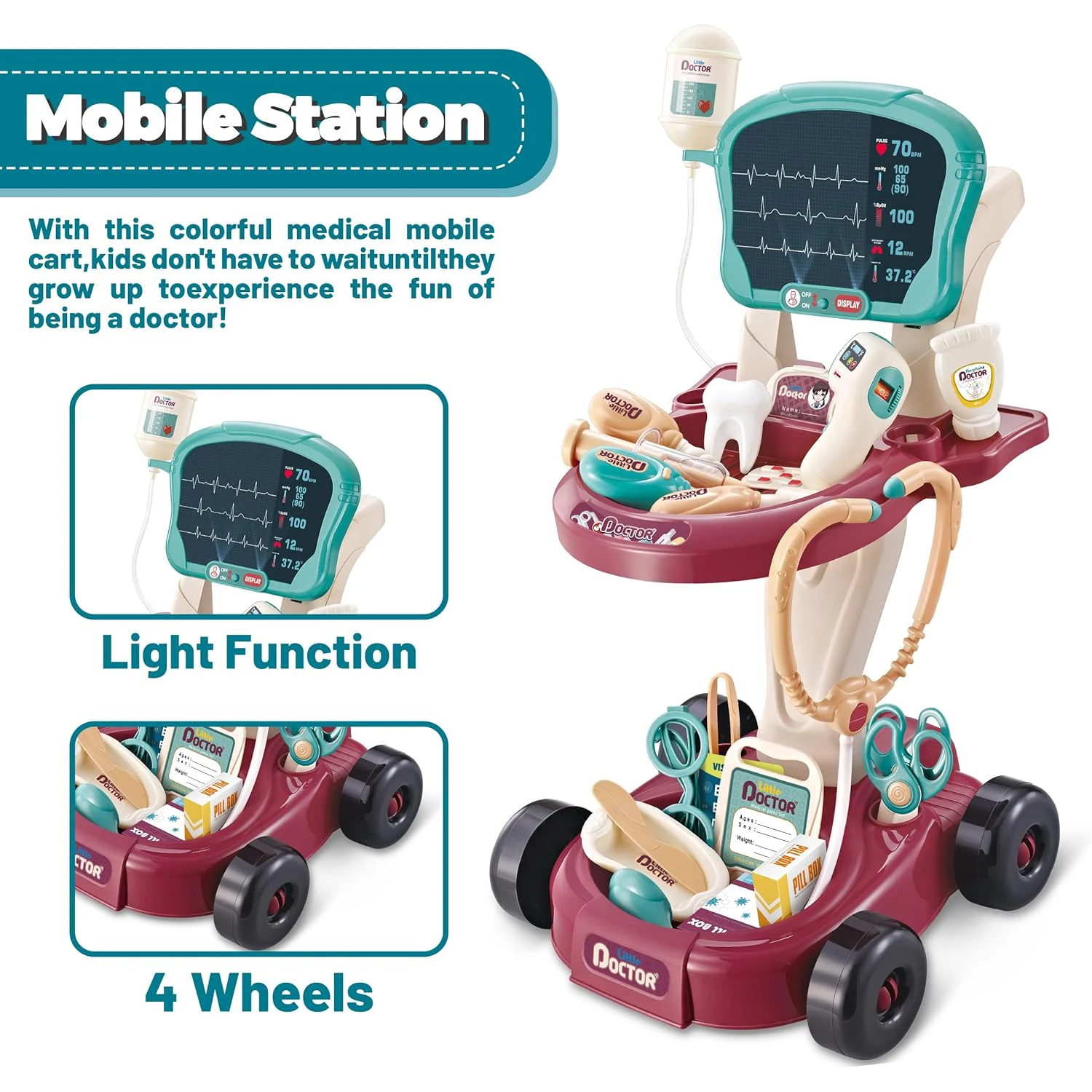 Doctor Set Pretend Play Educational Toys for Kids Dentist Vet Medical Mobile Cart with Sound Light Xray Stethoscope