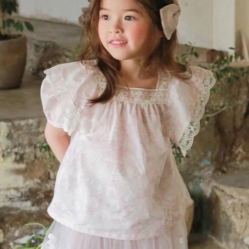 wholesale korean new style kids broken flower blouse and girls short shirt lace tee