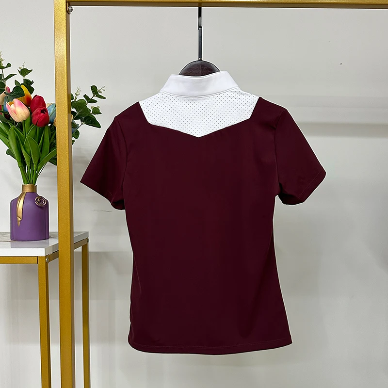 Hot Sale Burgundy Classic Equestrian Clothing Horse Riding Tops Women Competition Show Shirts Racing Soft  Short Sleeve T-shirts