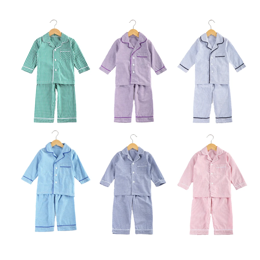 Wholesale Seersucker 100% Cotton Long Sleeve Two Pieces Pyjamas Sibling Baby Pajamas Sets