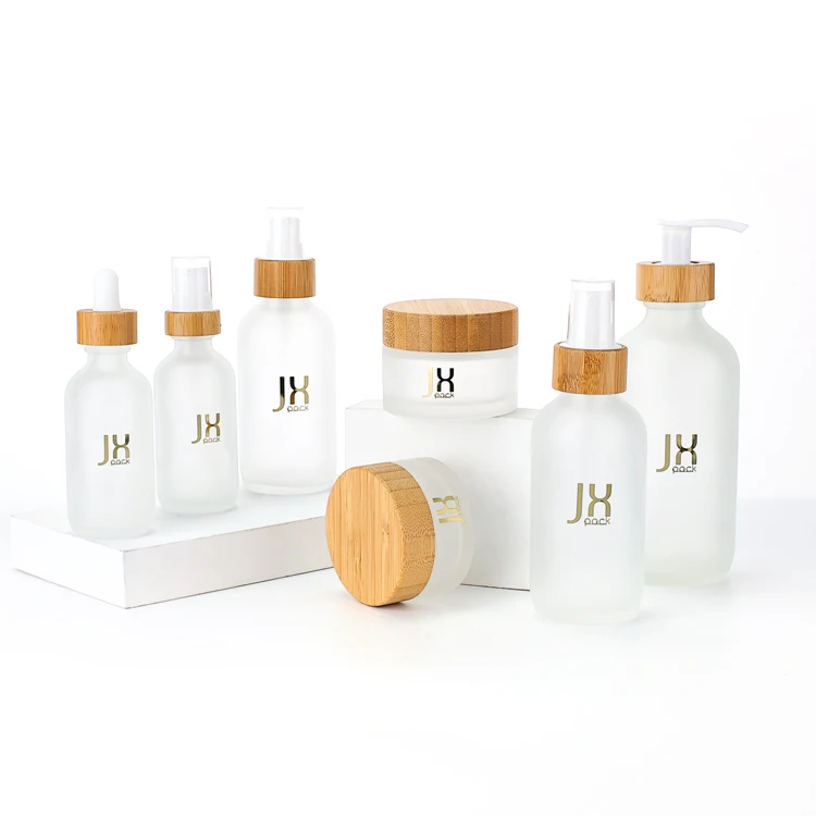 30 60 90 120 250 ml bamboo cosmetic spray bottle packaging 1 2 3 4 8 oz frosted glass boston round lotion serum pump bottle
