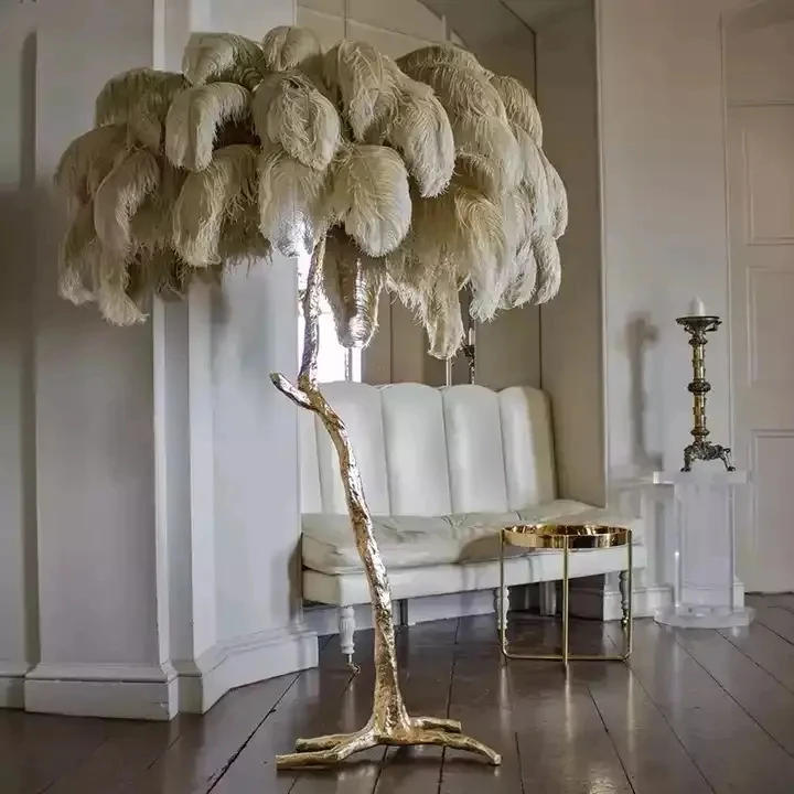 Wholesale modern nordic luxury bedroom living room resin aluminum floor light led standing ostrich feather floor lamp