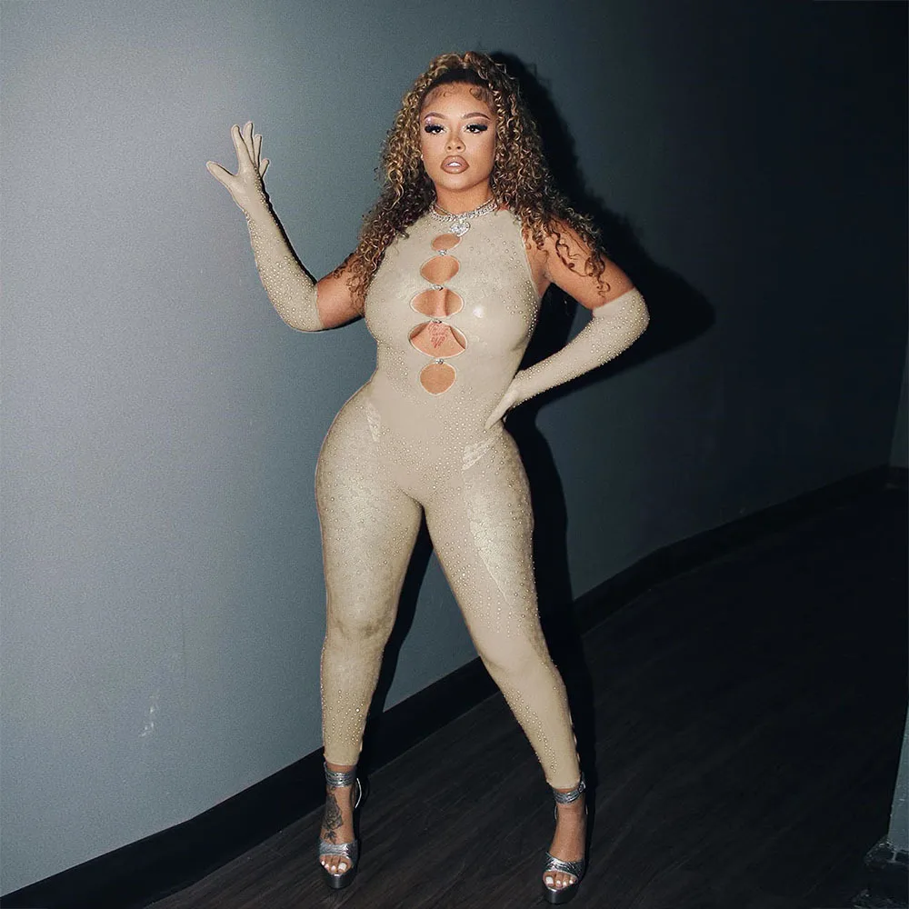 Wholesale new arrivals 2022 ladies o neck hollow out patchwork rhinestone flash mesh see through sexy jumpsuit